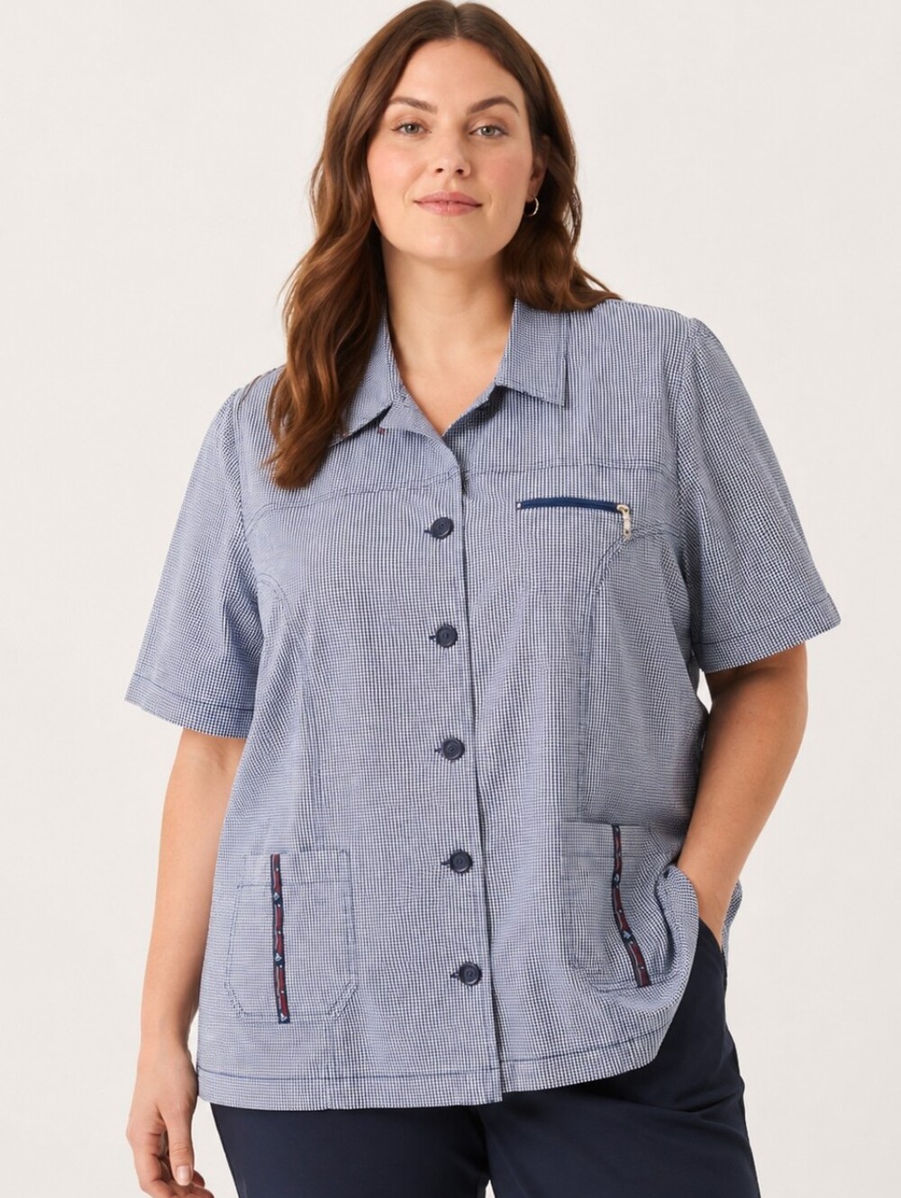 Femme Active Blue Gingham Utility Blouse, Coastal Grandma, Nautical Chic,Size 16